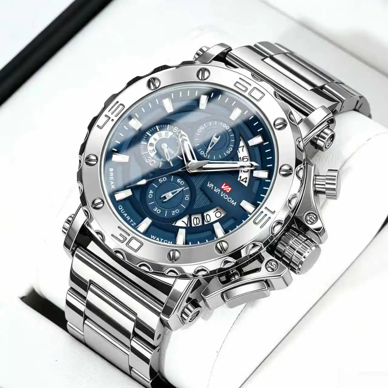 Cross-border New Style Alloy Stainless Steel Band Three-eye Large Watch Multifunctional Three-hand Timing 30M Water Resistant