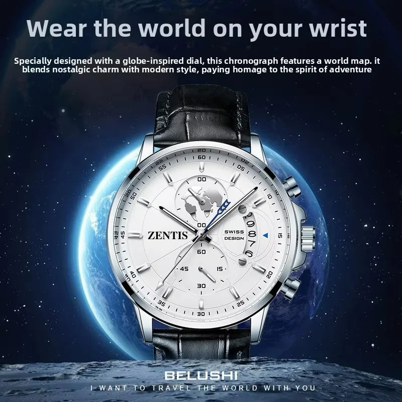 New Fashion Business Three-Hand Chronograph Alloy Quartz Leather Luminous Watch Leather Band Stylish Mens