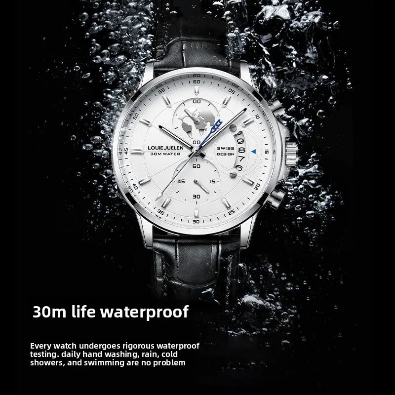 LOUIE JUELEN Live-Stream Bestseller Fashion Business Three-Hand Chronograph Pointer 41mm Alloy Quartz Leather Watch Men 30M