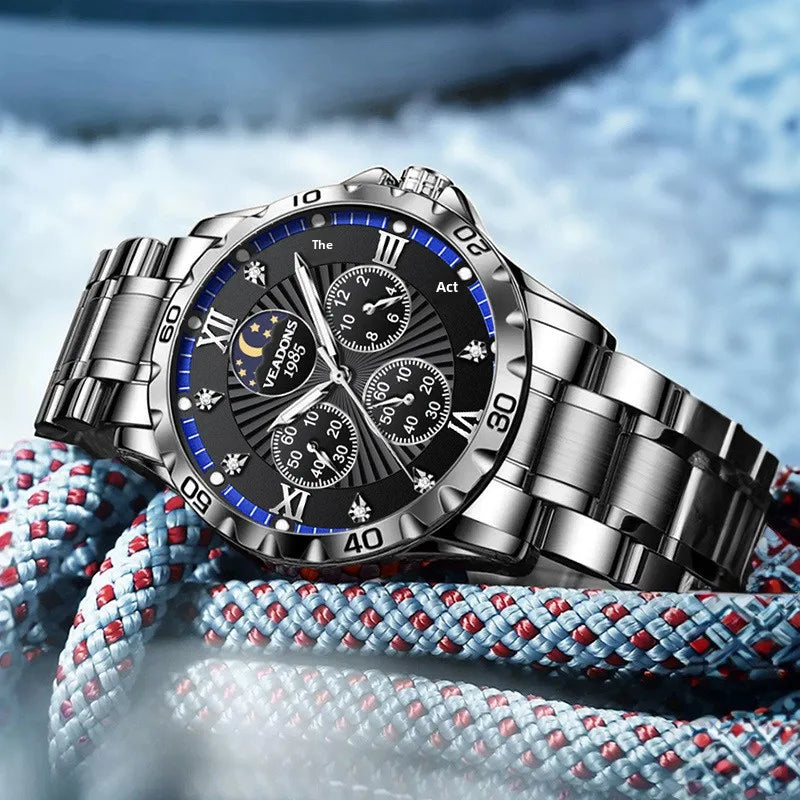Men's Alloy Multifunctional Quartz Watch Moon Phase Chronograph Luminous Sapphire Crystal Glass 30M Water Resistant