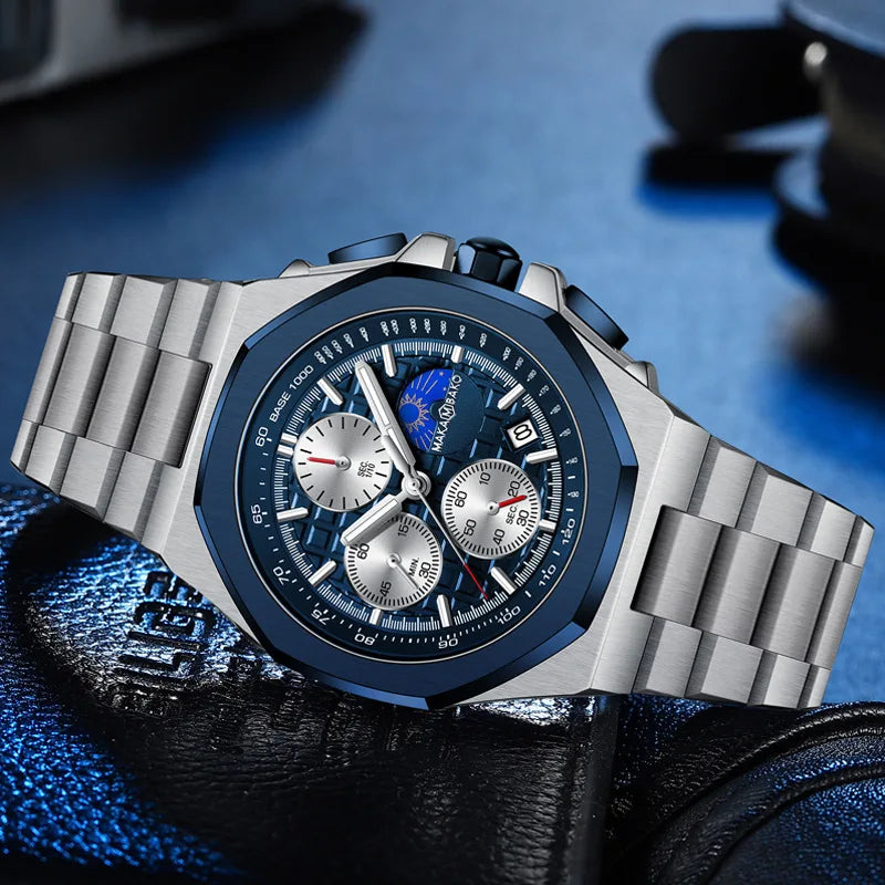 Stainless Steel Fashion Multifunctional Waterproof 43mm Mens Quartz Watch with Calendar