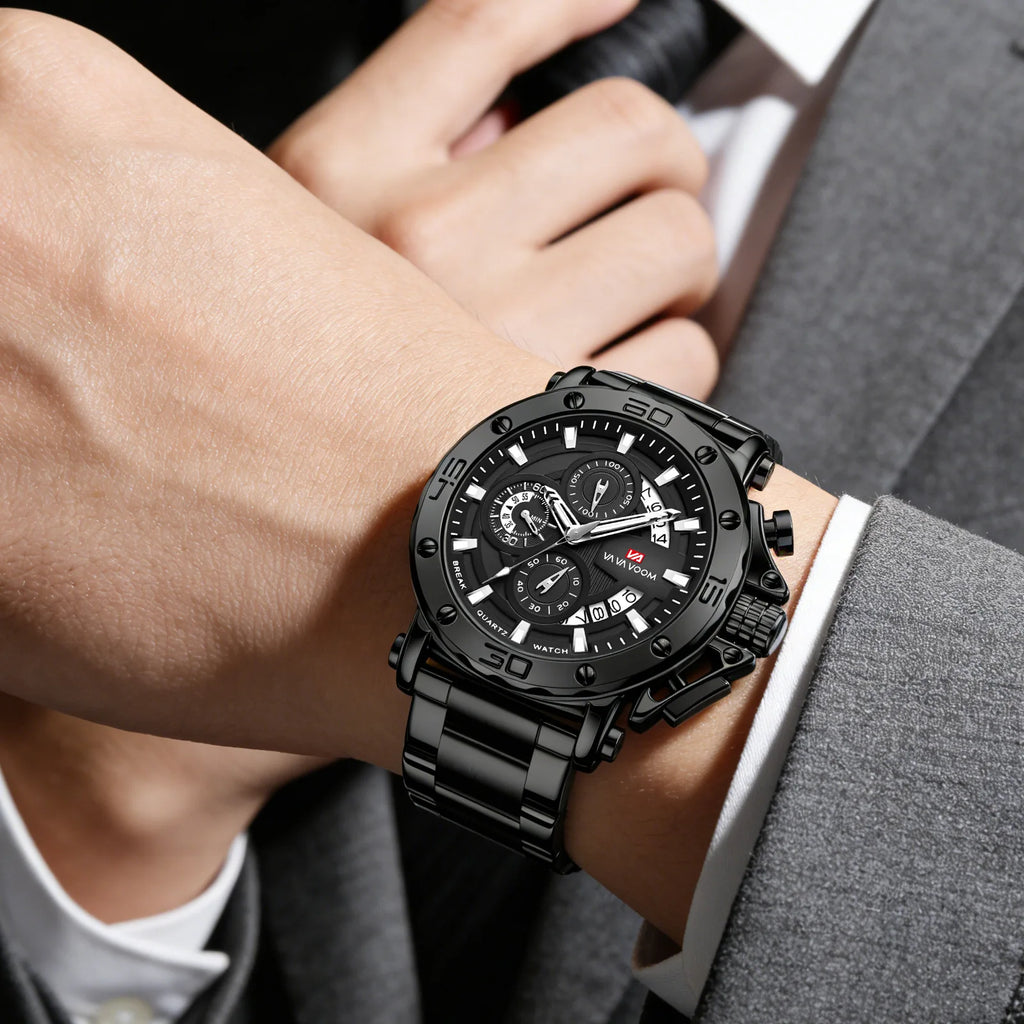 Cross-border New Style Alloy Stainless Steel Band Three-eye Large Watch Multifunctional Three-hand Timing 30M Water Resistant