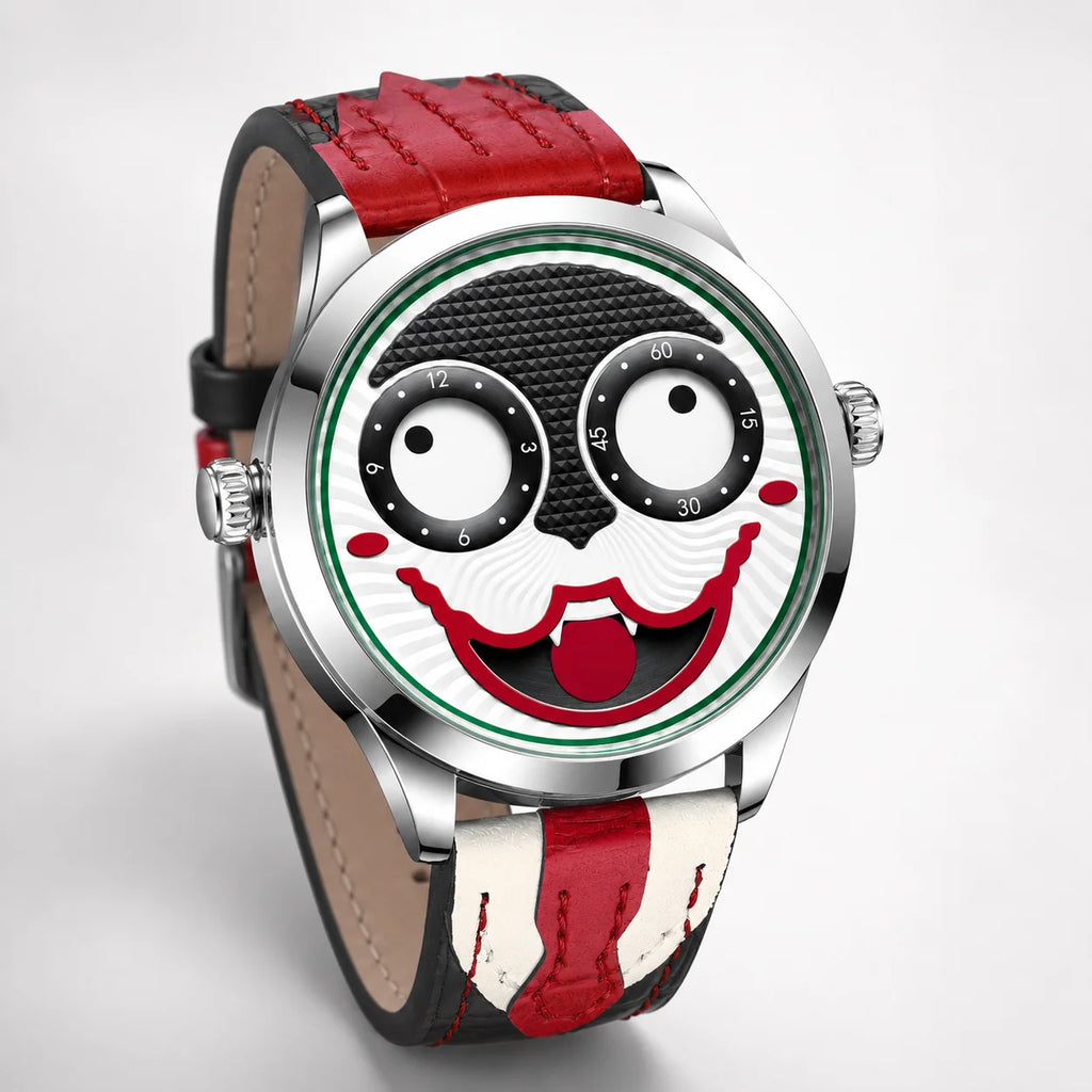 Cross-border Mens Clown-style Cartoon Fashionable Waterproof Alloy Leather Strap Quartz Movement Pointer 30M Water-resistant