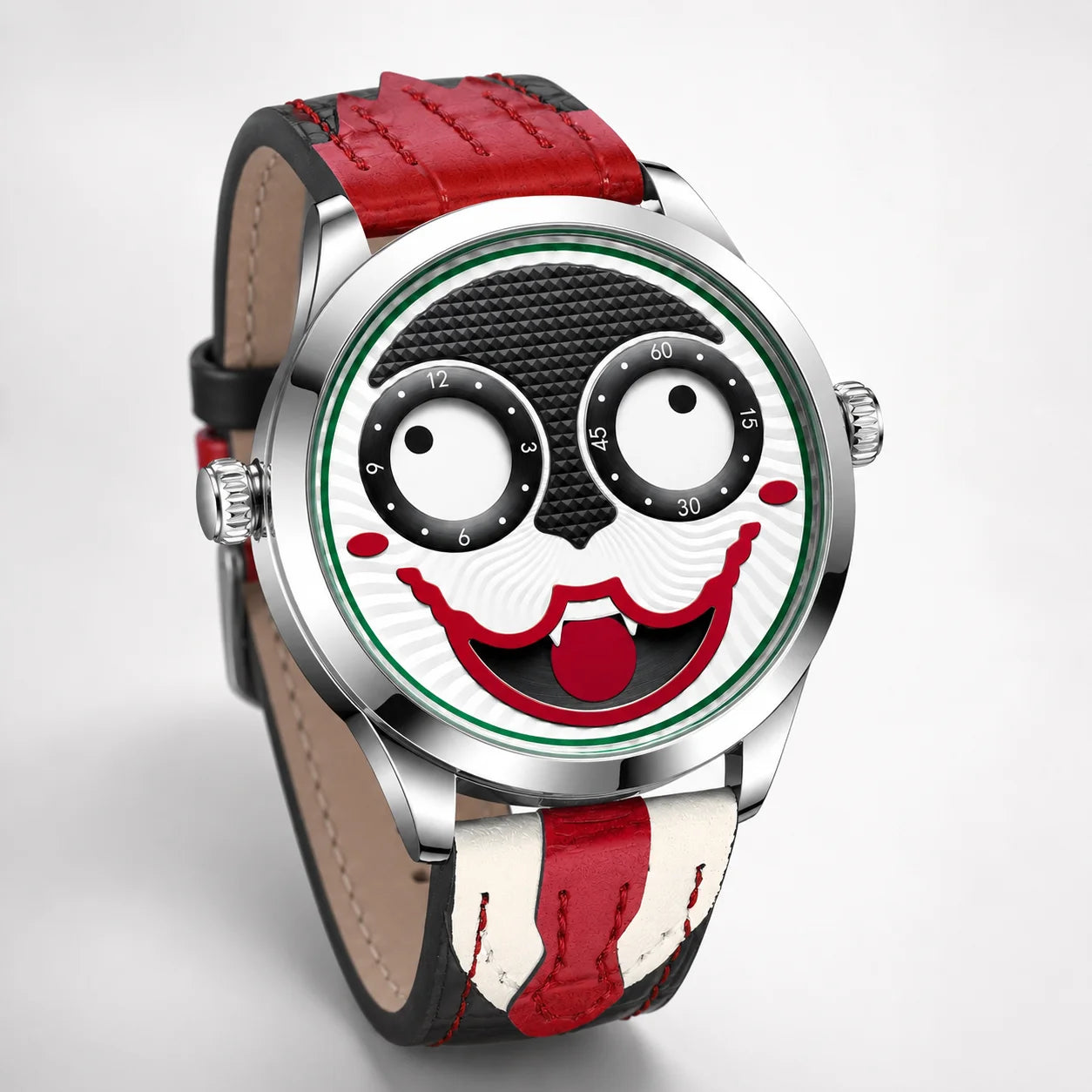 Cross-border Mens Clown-style Cartoon Fashionable Waterproof Alloy Leather Strap Quartz Movement Pointer 30M Water-resistant