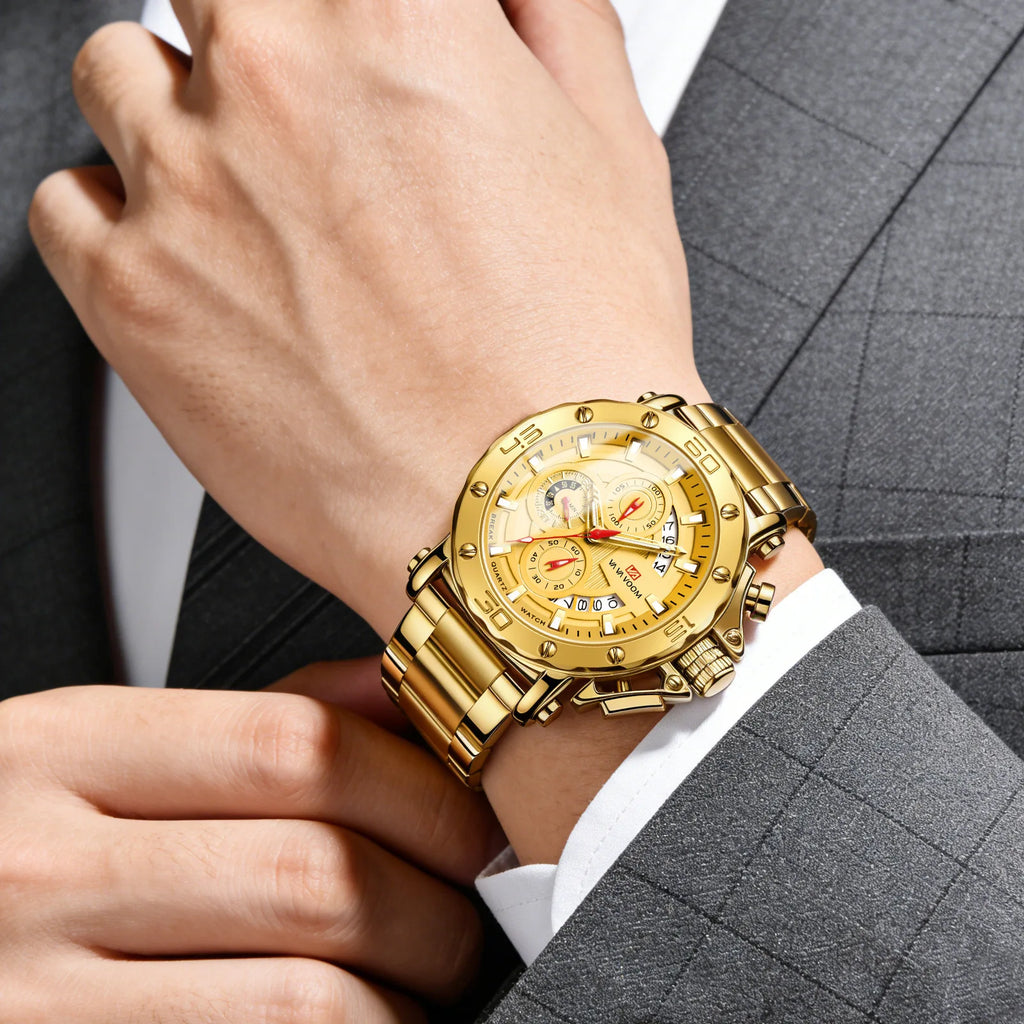 Cross-border New Style Alloy Stainless Steel Band Three-eye Large Watch Multifunctional Three-hand Timing 30M Water Resistant