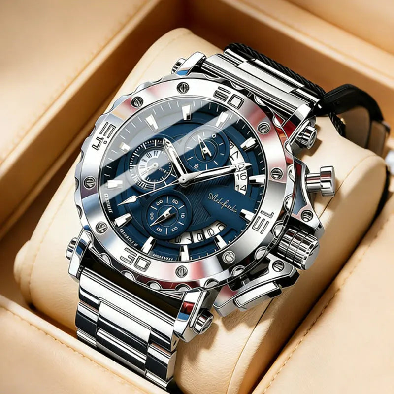 Cross-border Foreign Trade Men's Heart Stainless Steel Quartz Watch Pointer 47mm Multifunctional Luminous 30M Water Resistant