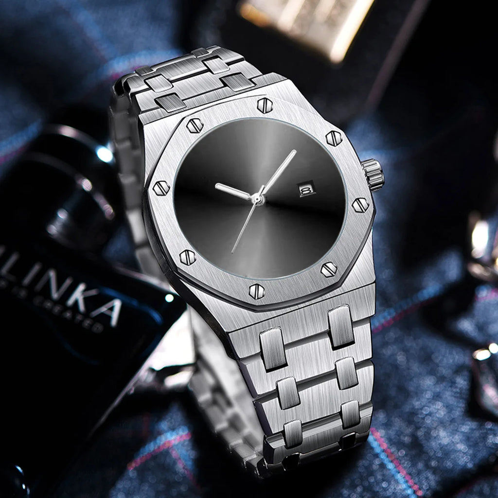 Men's Watch Business Style Quartz Movement Waterproof 30M Alloy Band Octagonal Case 45mm Pointer Tide Black Cool Personality