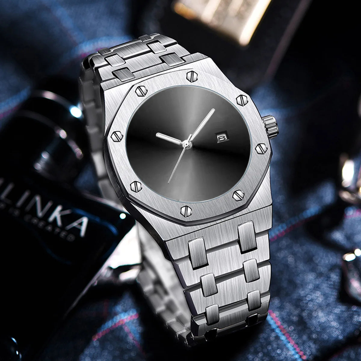 Men's Watch Business Style Quartz Movement Waterproof 30M Alloy Band Octagonal Case 45mm Pointer Tide Black Cool Personality