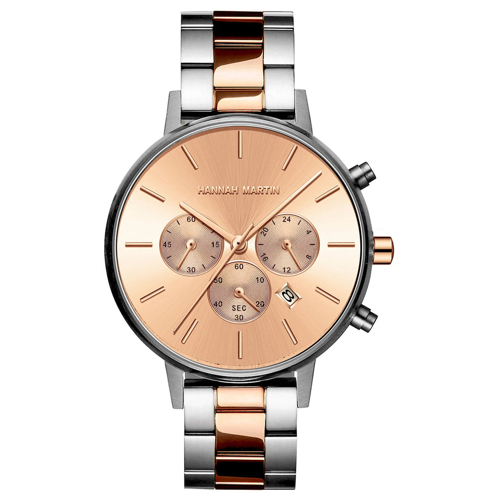 Three-Eye Six-Hand Chronograph Calendar Quartz Watch Alloy Case Stainless Steel Band 38mm Sapphire Crystal Waterproof Rose Gold