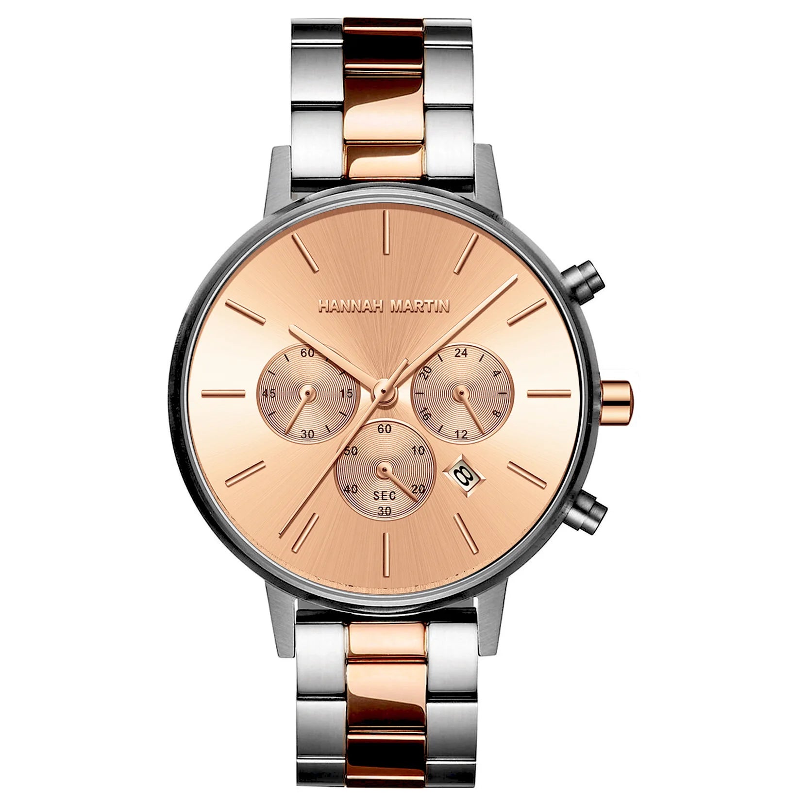 Three-Eye Six-Hand Chronograph Calendar Quartz Watch Alloy Case Stainless Steel Band 38mm Sapphire Crystal Waterproof Rose Gold