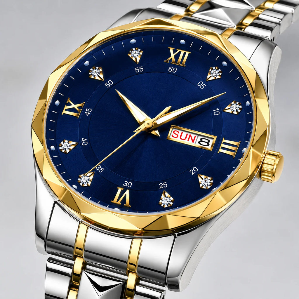 Luxury Men's Watch 10mm See-through Caseback Hollowed-out Design Dual-date Diamond-patterned Luminous Hands Pointer