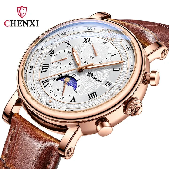 Morning Glow Multifunctional Chronograph Watch Genuine Alloy Leather Strap Quartz Movement Pointer 44mm 30M Water Resistant