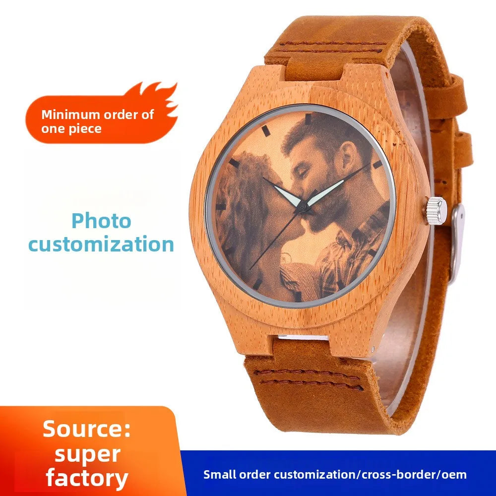 Quartz Mens Watch Custom-pattern Genuine Leather Strap Leisure Bamboo Accents 45mm Pointer Japan MIYOTA Movement Waterproof