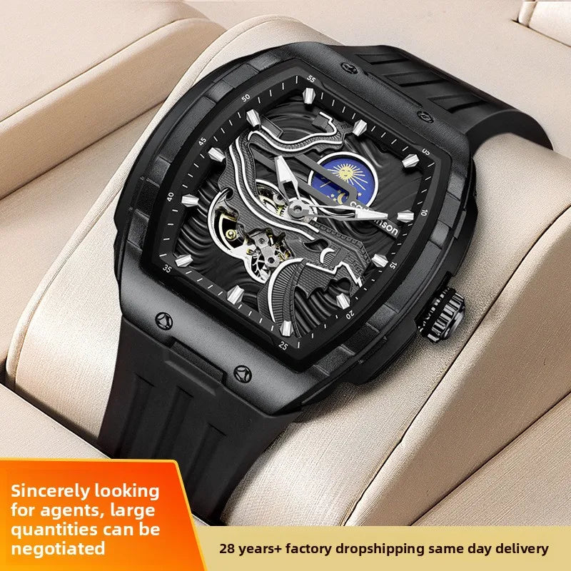 Cross-border TikTok Influencer Livestream Vintage Ethnic-style Watch Fully Automatic Open-work Luminous Mens Mechanical Silicone