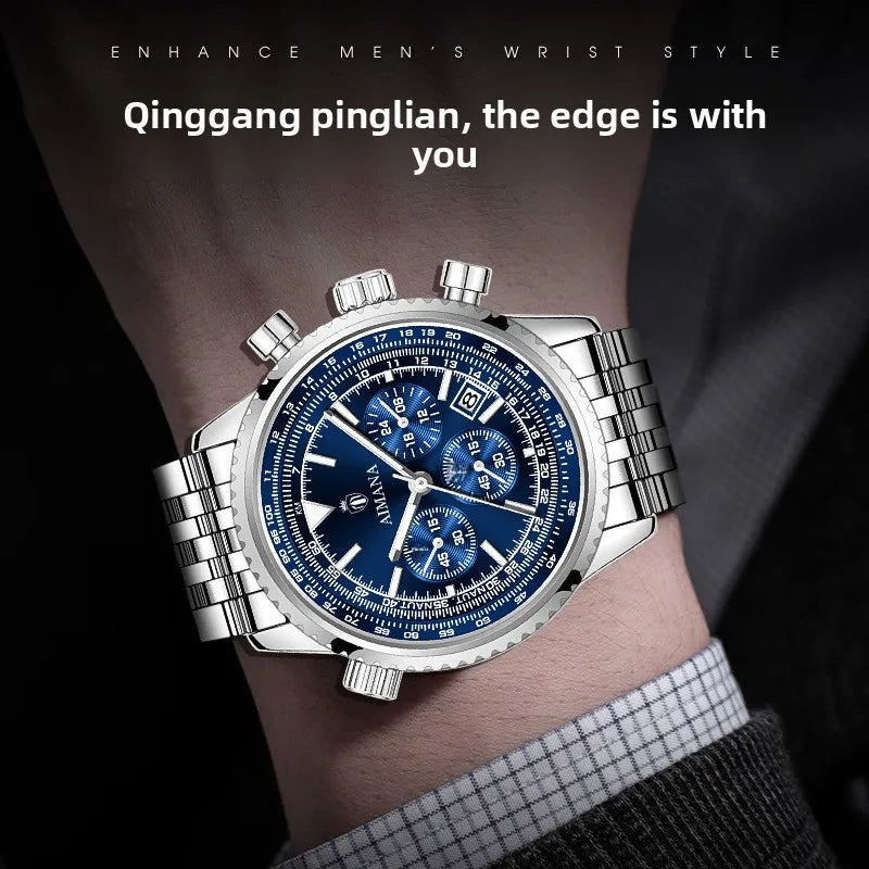 Brand Trendy Fashion Mens Watch Three-Hole Six-Hand Quartz Chronograph Multifunctional Business Waterproof Luminous Calendar Box