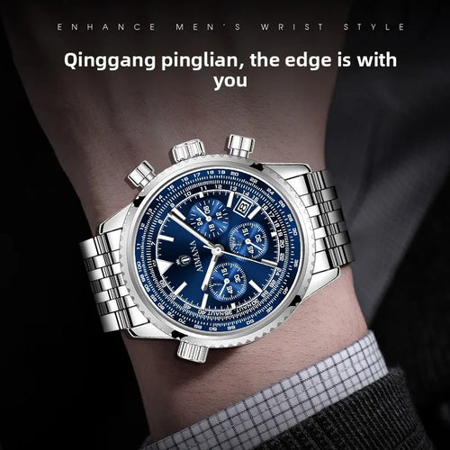 Brand Trendy Fashion Mens Watch Three-Hole Six-Hand Quartz Chronograph Multifunctional Business Waterproof Luminous Calendar Box