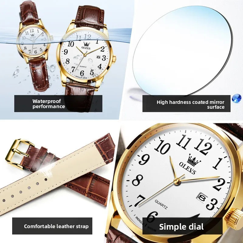 Wholesale Simple Couple Quartz Watch Fashion Waterproof Alloy Case Leather Strap 9mm Thick 39mm Dial Leisure Men's Watch