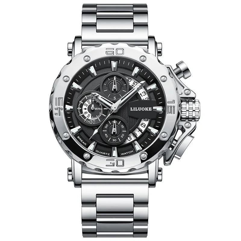 Men's Fashion Alloy Quartz Watch 45mm Pointer Dial Chunky Luminous Stainless Steel Band 30M Water Resistant Best-selling