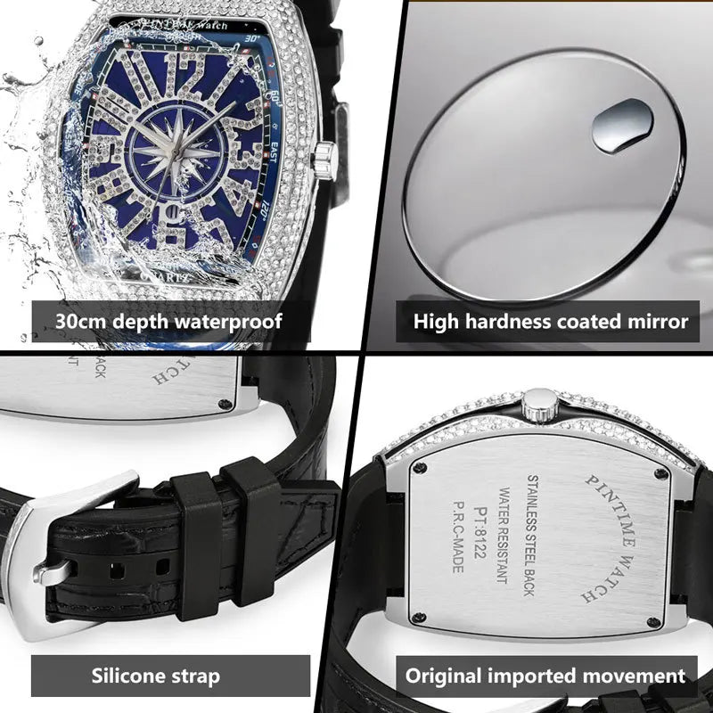 Men's Watch 50mm Alloy Barrel Case Leather Strap Pointer Dial Quartz Movement Eco-Friendly Wine Yacht Diamond Vintage Design