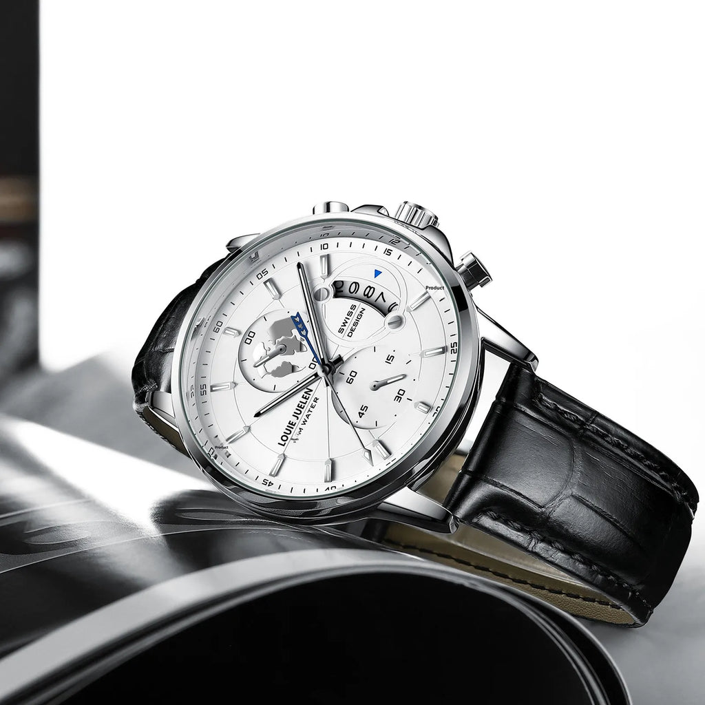 LOUIE JUELEN Live-Stream Bestseller Fashion Business Three-Hand Chronograph Pointer 41mm Alloy Quartz Leather Watch Men 30M