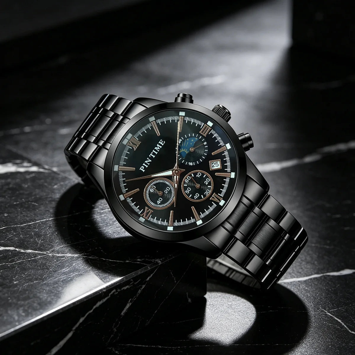 Multi-function Mens Chronograph Watch Luminous Hands Date Display 30M Water-resistant Stainless Steel Band Quartz Movement