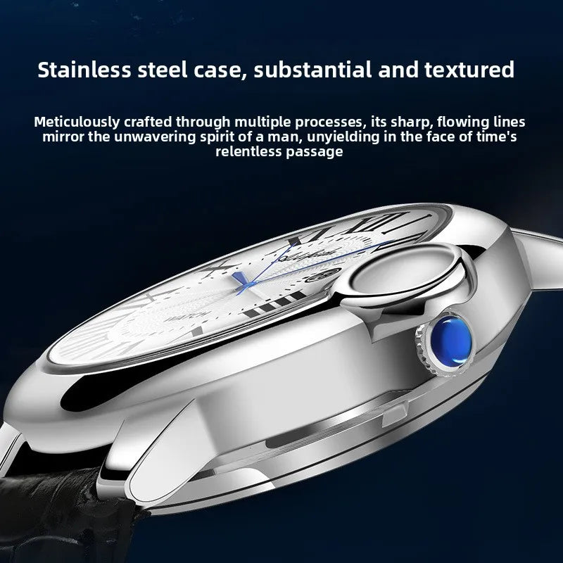 Classic Balloon-Shape Quartz Watch for Men; Alloy Case PU Band; 40mm Dial; Pointer 30M Water-Resistant; Week Business Style