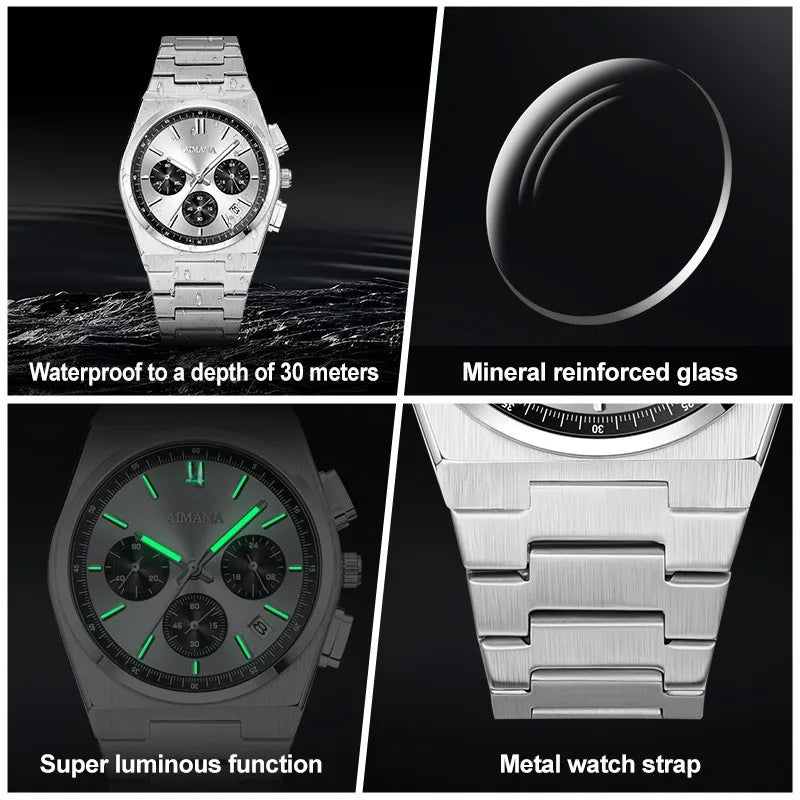 Men's Luxury Fashion Casual Alloy Stainless Steel Strap Quartz Watch 41mm Chronograph Pointer Dial 30M Water Resistance