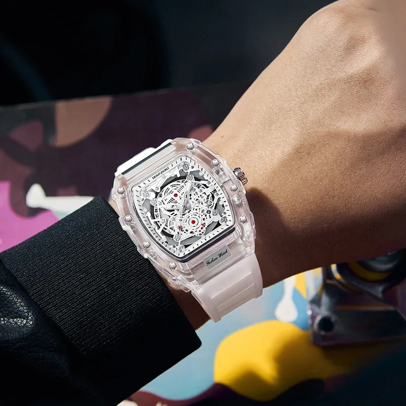 Fashion Personalized Barrel-shaped Quartz Watch Silicone Pointer Luminous Transparent Case 30M Water Resistant Stylish Mens 47mm