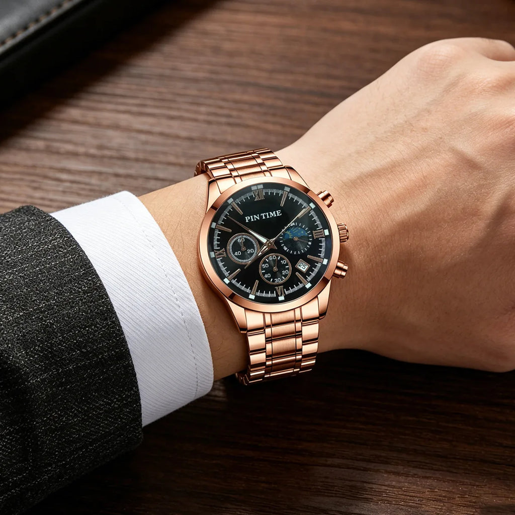 Multi-function Mens Chronograph Watch Luminous Hands Date Display 30M Water-resistant Stainless Steel Band Quartz Movement