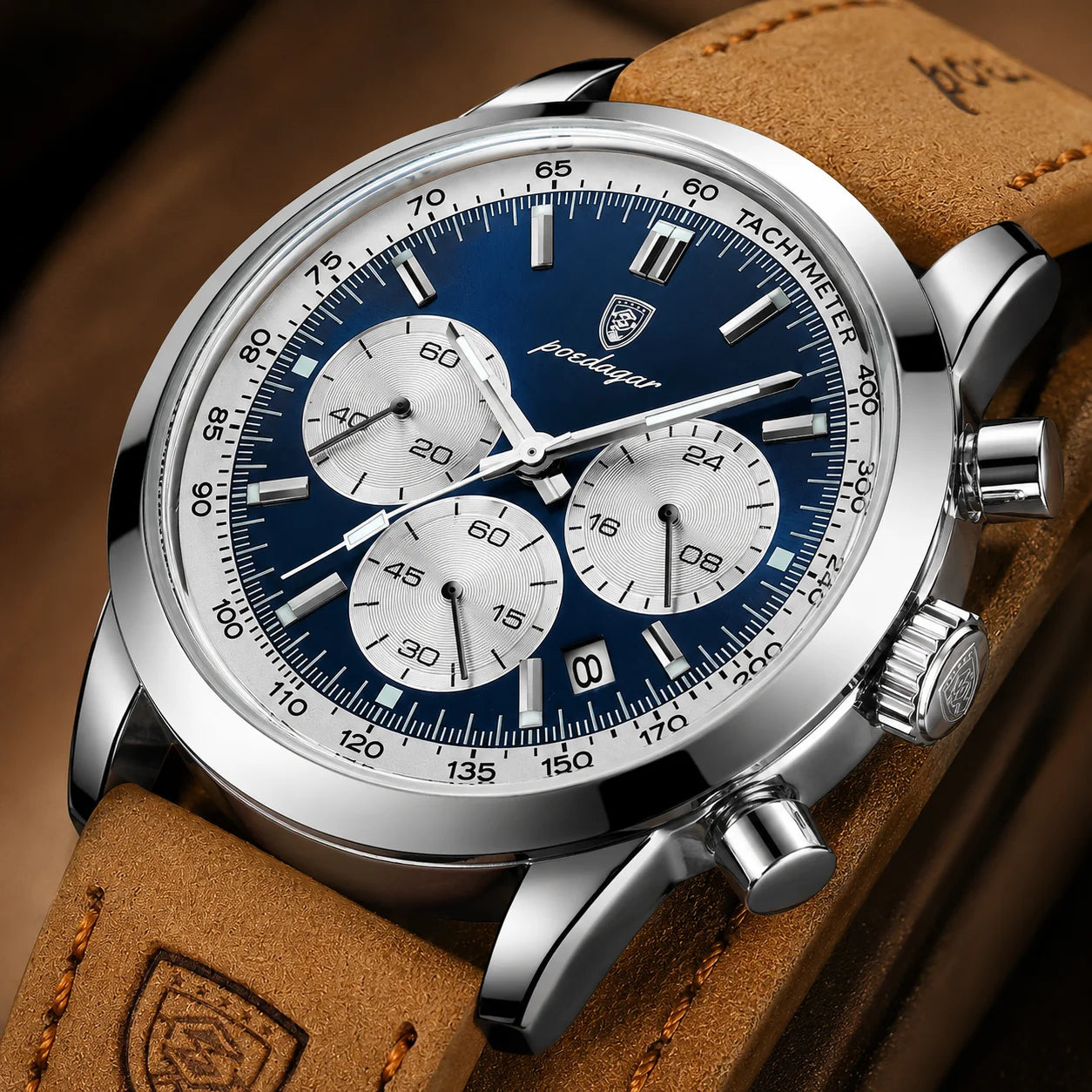 Brand New Men's Quartz Wristwatch Alloy 41mm Leather Strap Chronograph Pointer Dial 50m Water Resistant