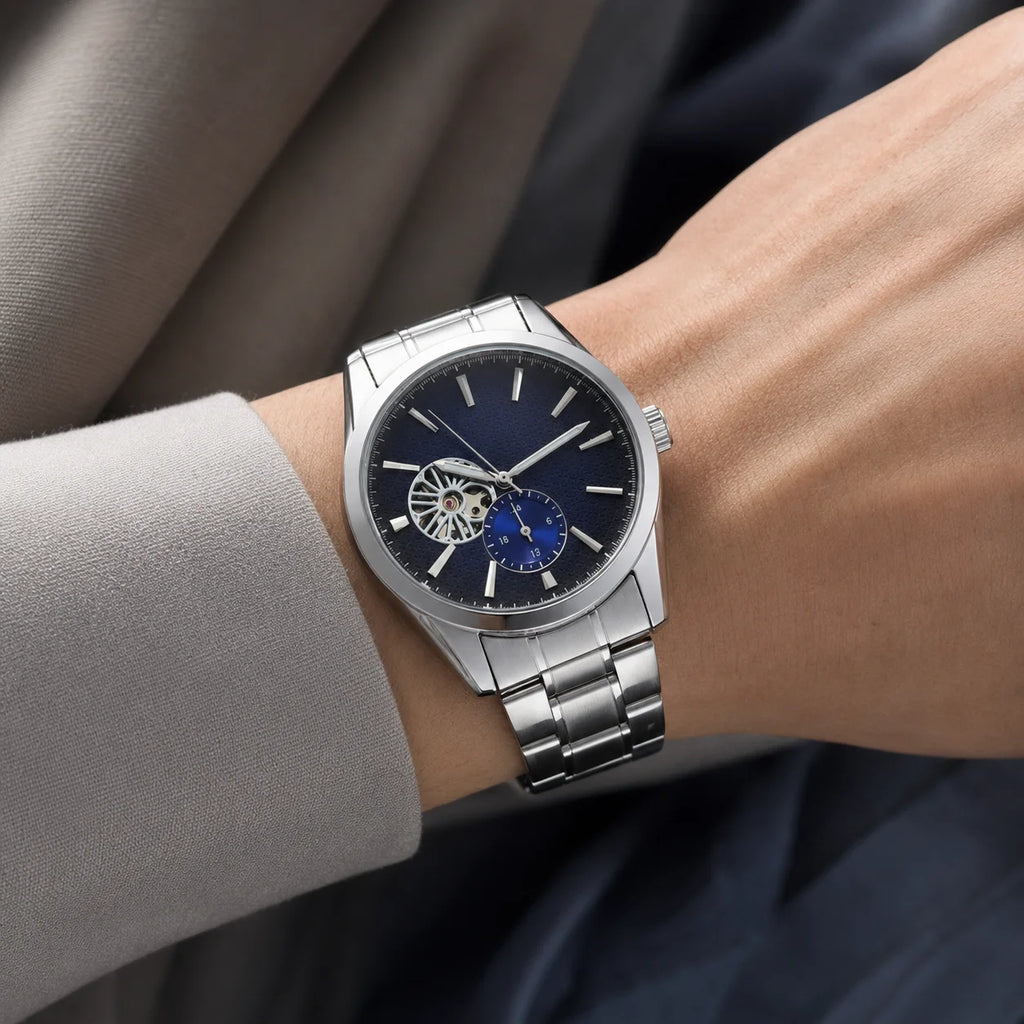 Premium Men's 10m Water Resistant Alloy Case Stainless Steel Strap Round Business-Style Mechanical Watch with Hidden Clasp