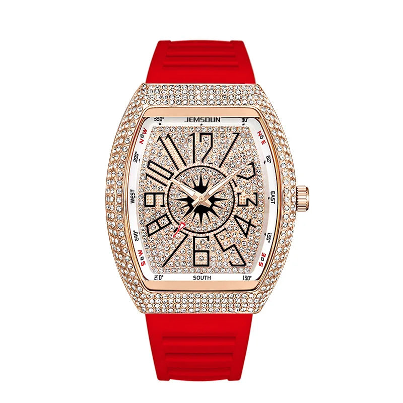 Cross-Border Best-Selling Men's Diamond-Inlaid Silicone Strap Barrel-Shaped Quartz Watch Vintage-Style Fashionable Pointer