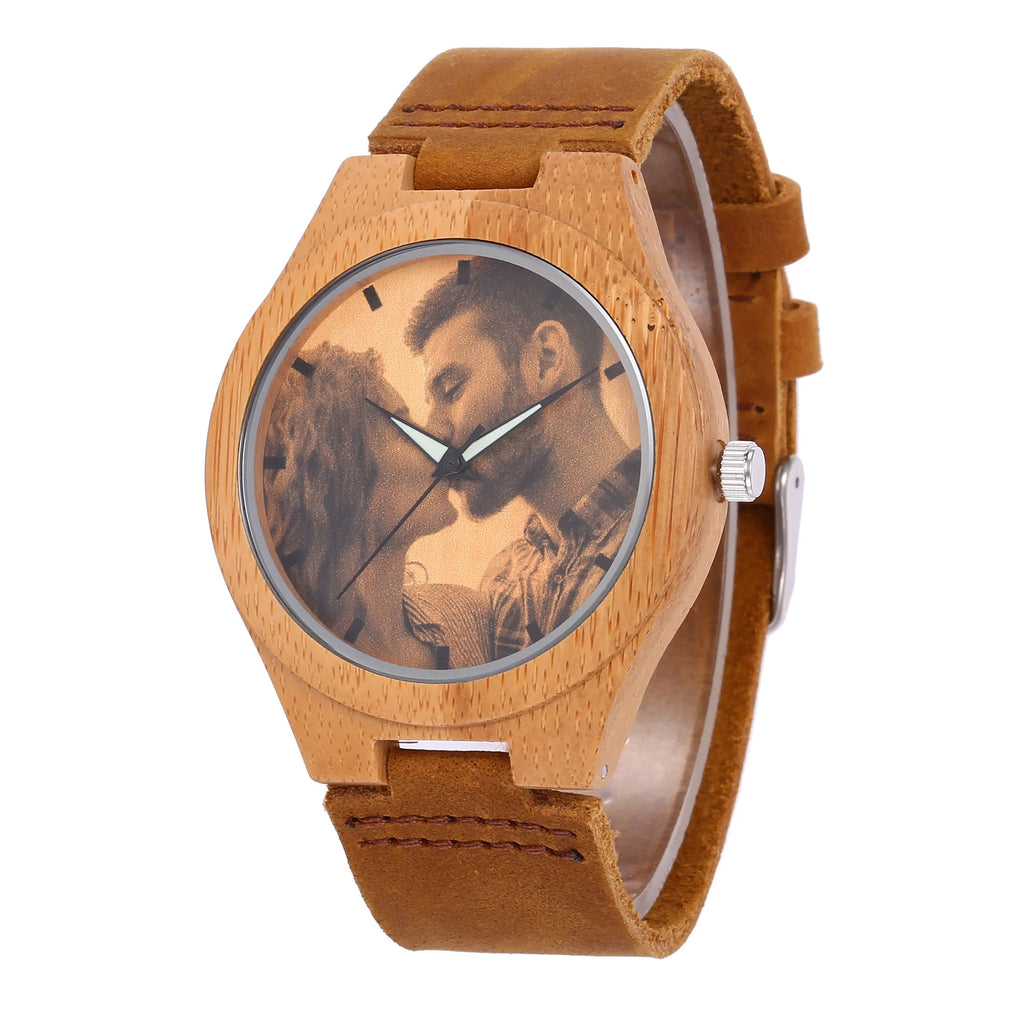 Quartz Mens Watch Custom-pattern Genuine Leather Strap Leisure Bamboo Accents 45mm Pointer Japan MIYOTA Movement Waterproof