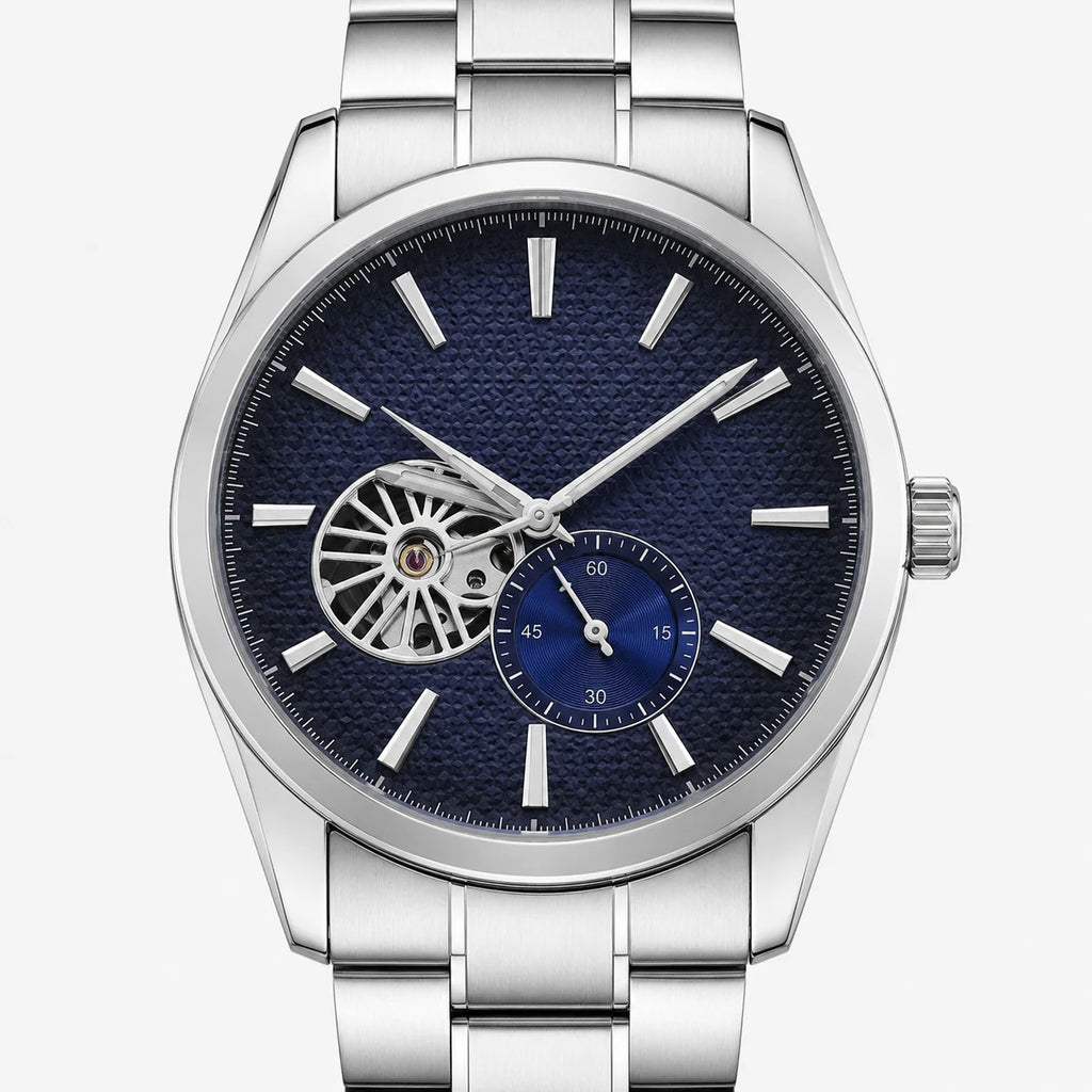 Premium Men's 10m Water Resistant Alloy Case Stainless Steel Strap Round Business-Style Mechanical Watch with Hidden Clasp