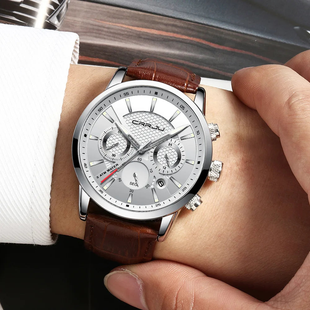 Leather Strap Quartz Alloy Case Pearl Movement Analog Dial Six-Hand Chronograph 30M Water Resistant Stylish Leisure Men's Watch