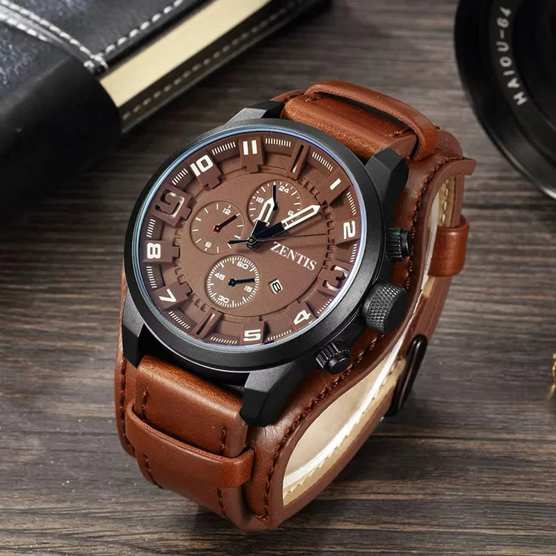 Men's Sport Quartz Watch Stainless Steel Case Leather Strap Mineral-reinforced Glass Pointer Dial Faux Six-Pin Calendar 30M