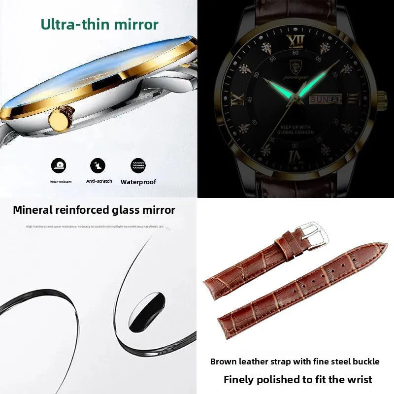 New Luxury Waterproof Luminous Double Calendar Analog Pointer Men's Alloy Leather Band Ultra-thin Quartz Watch Sapphire Crystal