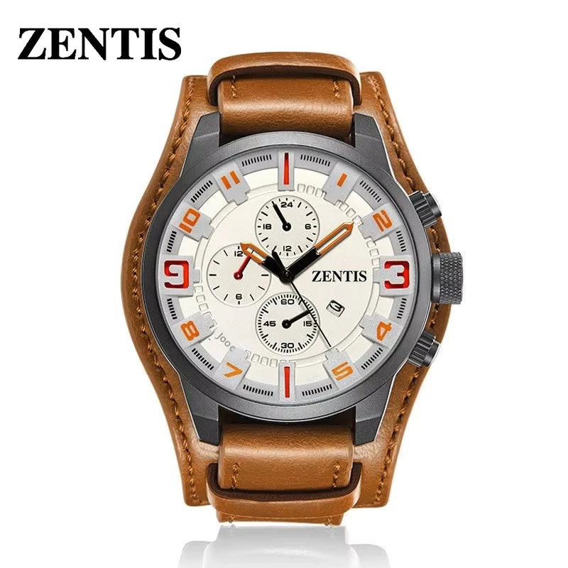 Men's Sport Quartz Watch Stainless Steel Case Leather Strap Mineral-reinforced Glass Pointer Dial Faux Six-Pin Calendar 30M