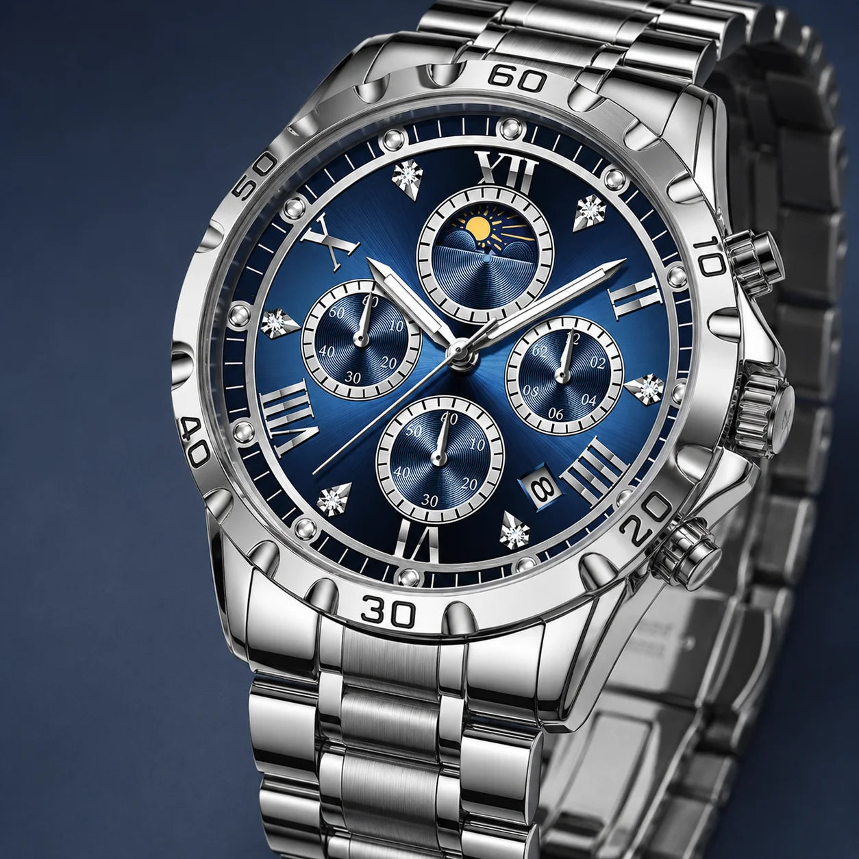 Men's Watch Luminous Quartz Movement Stainless Steel Band Alloy Case Pointer Dial Hidden Clasp 30M Water Resistant