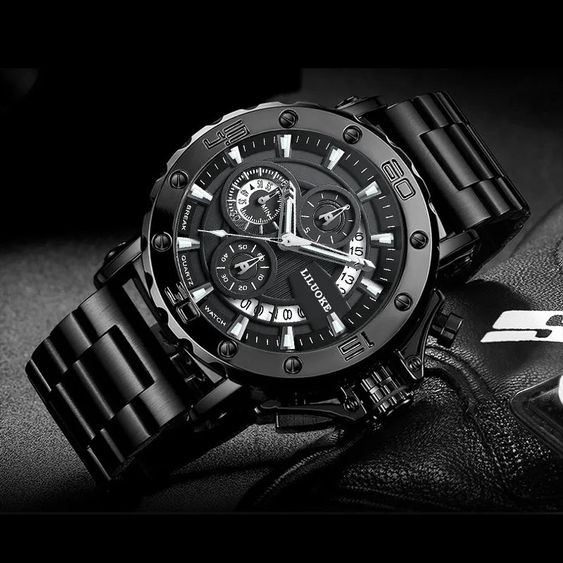 Men's Fashion Alloy Quartz Watch 45mm Pointer Dial Chunky Luminous Stainless Steel Band 30M Water Resistant Best-selling