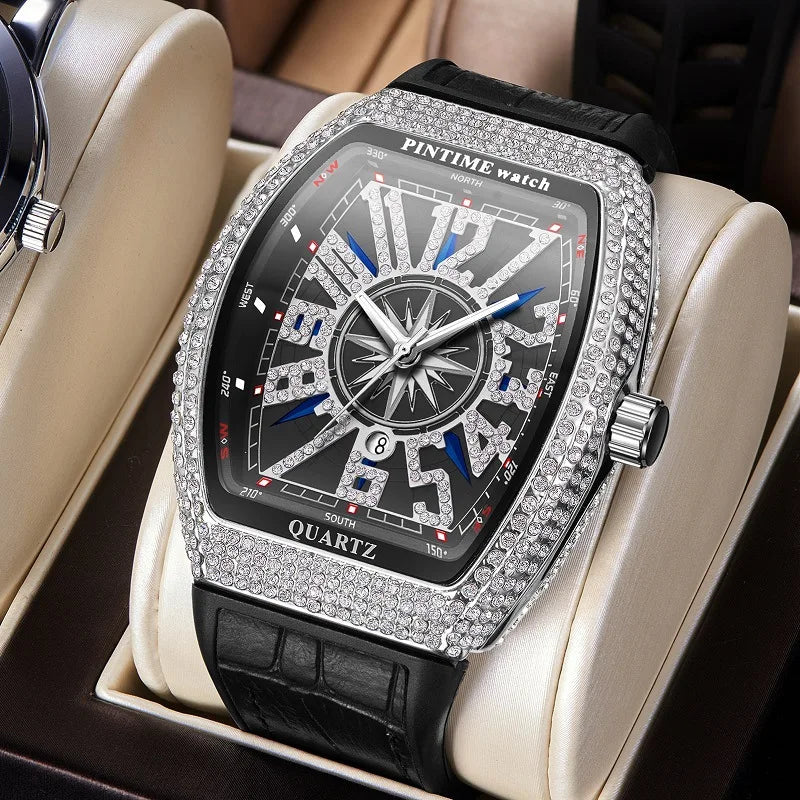Men's Watch 50mm Alloy Barrel Case Leather Strap Pointer Dial Quartz Movement Eco-Friendly Wine Yacht Diamond Vintage Design