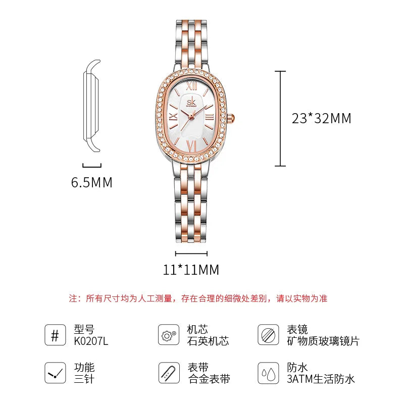 Women's Fashion Oval Alloy Waterproof Diamond-encrusted Quartz Watch with Pointer Dial