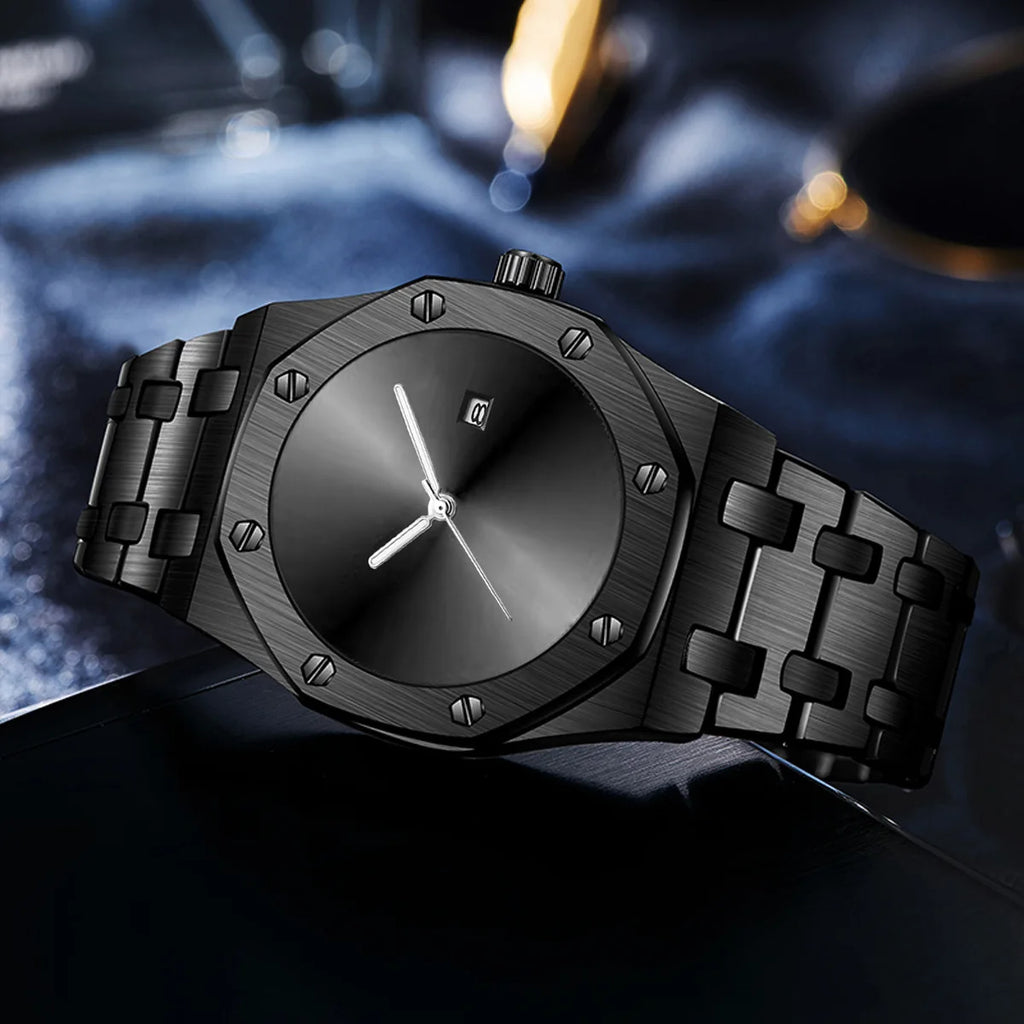 Men's Watch Business Style Quartz Movement Waterproof 30M Alloy Band Octagonal Case 45mm Pointer Tide Black Cool Personality