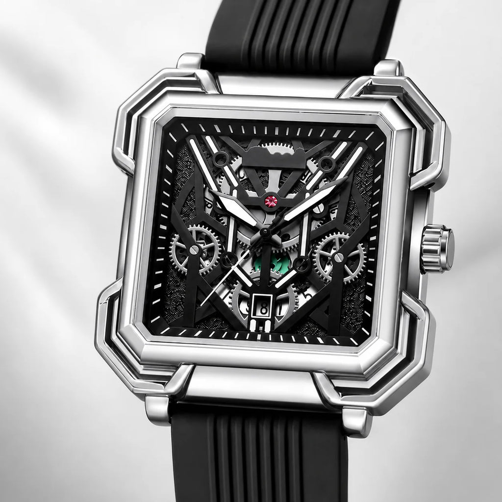 Outdoor Sports Fashion Quartz Luminous Waterproof Alloy Case Silicone Band 42mm Mens Watch Square Hollow-Out Design Cross-Border