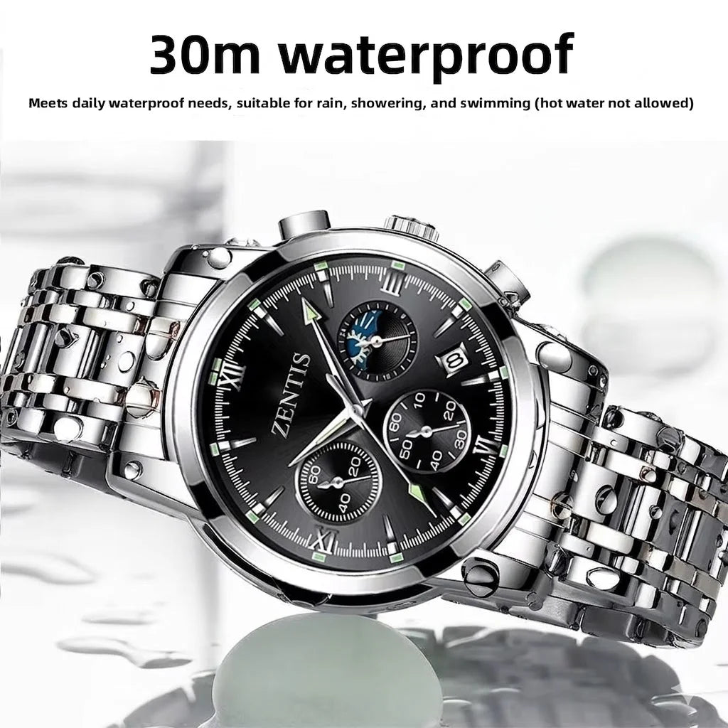 New Waterproof Luminous Quartz Movement Alloy Case Multifunctional Men's Stainless Steel Watch Korean Fashion Pointer