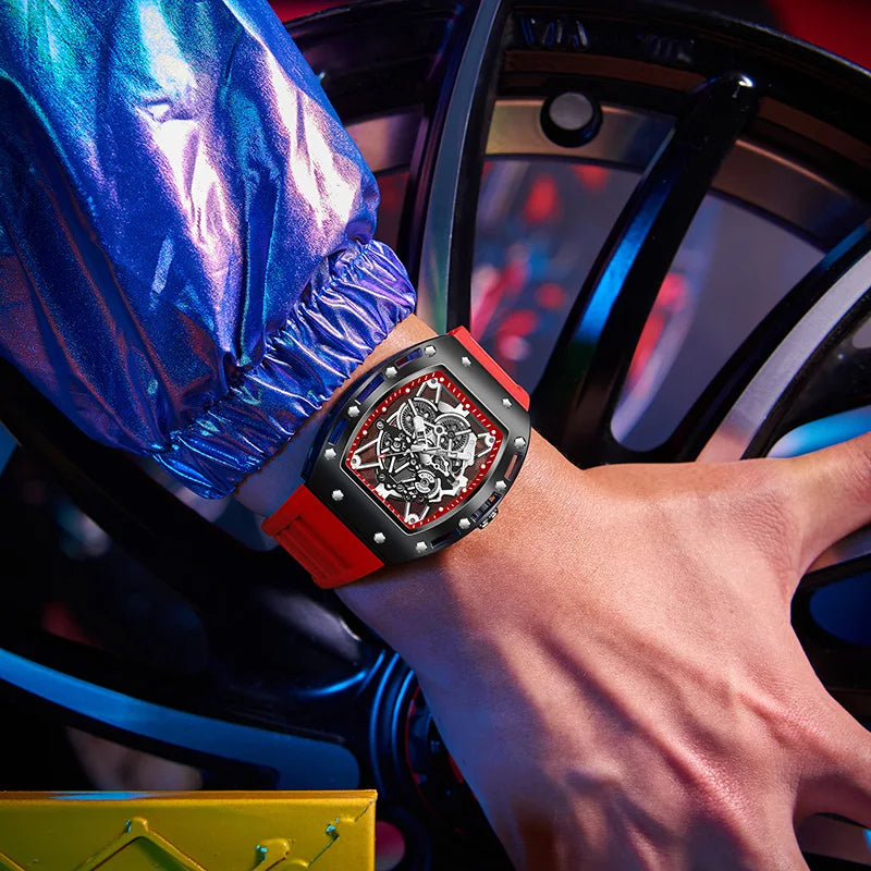 43mm Luxury Fashion Luminous Waterproof Alloy Case Silicone Band Pointer Dial Hollow-Out Quartz Barrel-Shaped Men's Watch