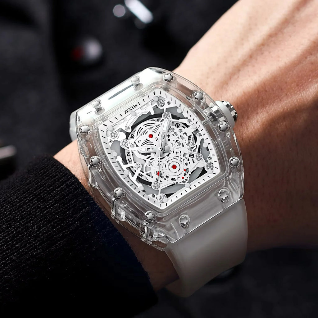 Fashion Men's Silicone Waterproof 30M Luminous Transparent Quartz Watch Pointer Mineral-reinforced Glass Mirror Barrel-shaped