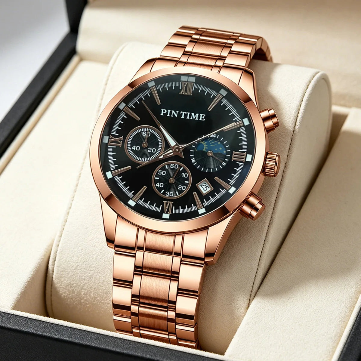 Multi-function Mens Chronograph Watch Luminous Hands Date Display 30M Water-resistant Stainless Steel Band Quartz Movement