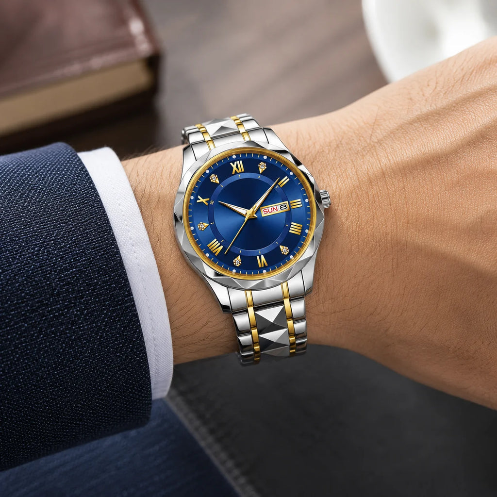 Men's Business Alloy Case 43mm Stainless Steel Strap Quartz Watch 30M Water Resistant Pointer Calendar