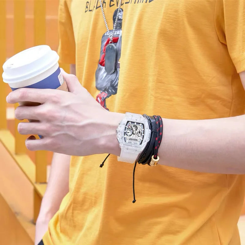 Transparent Case Square Luminous Quartz Movement Pointer Dial Men's Fashion Watch Alloy Case Plastic Band